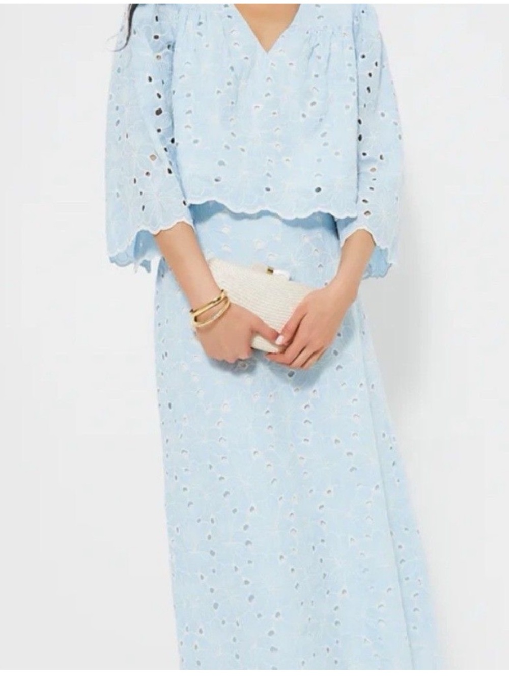 Tuckernuck Top Blouse Skirt Set XXL Preppy Eyelet Embroidered Lined Blue White